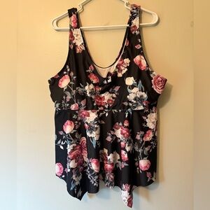 Black and Pink Floral Print Bow Detail Swim Top, Size 4XL